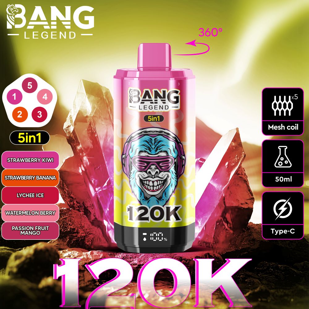 Imagen promocional para el dispositivo de vapeo Bang Legend 5in1, que muestra opciones de sabor, tipo de bobina, capacidad y un puerto de carga tipo C contra un fondo cristalino colorido.