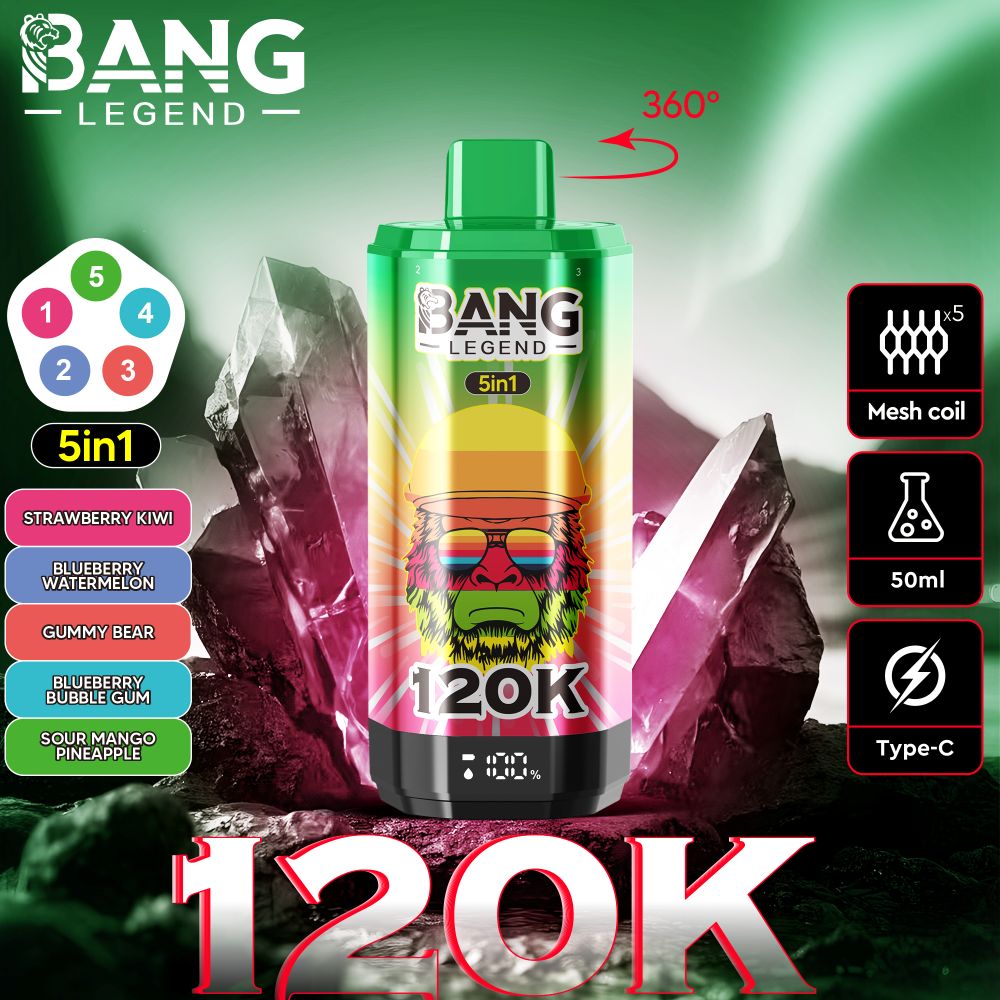 Anuncio de productos para el dispositivo de vapeo Bang Legend 5-in-1 con un diseño verde y amarillo, fondo con temas de cristal y características de resaltado de texto como capacidad de 120k, tecnología de bobina de malla, capacidad líquida de 50 ml, carga tipo C y varios sabores.