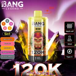 Imagen promocional para el dispositivo Bang Legend 5in1 con múltiples opciones de sabor, reflejos detallados de productos, como la bobina de malla y la capacidad de 50 ml, que se muestran sobre un fondo vibrante con cristales brillantes.
