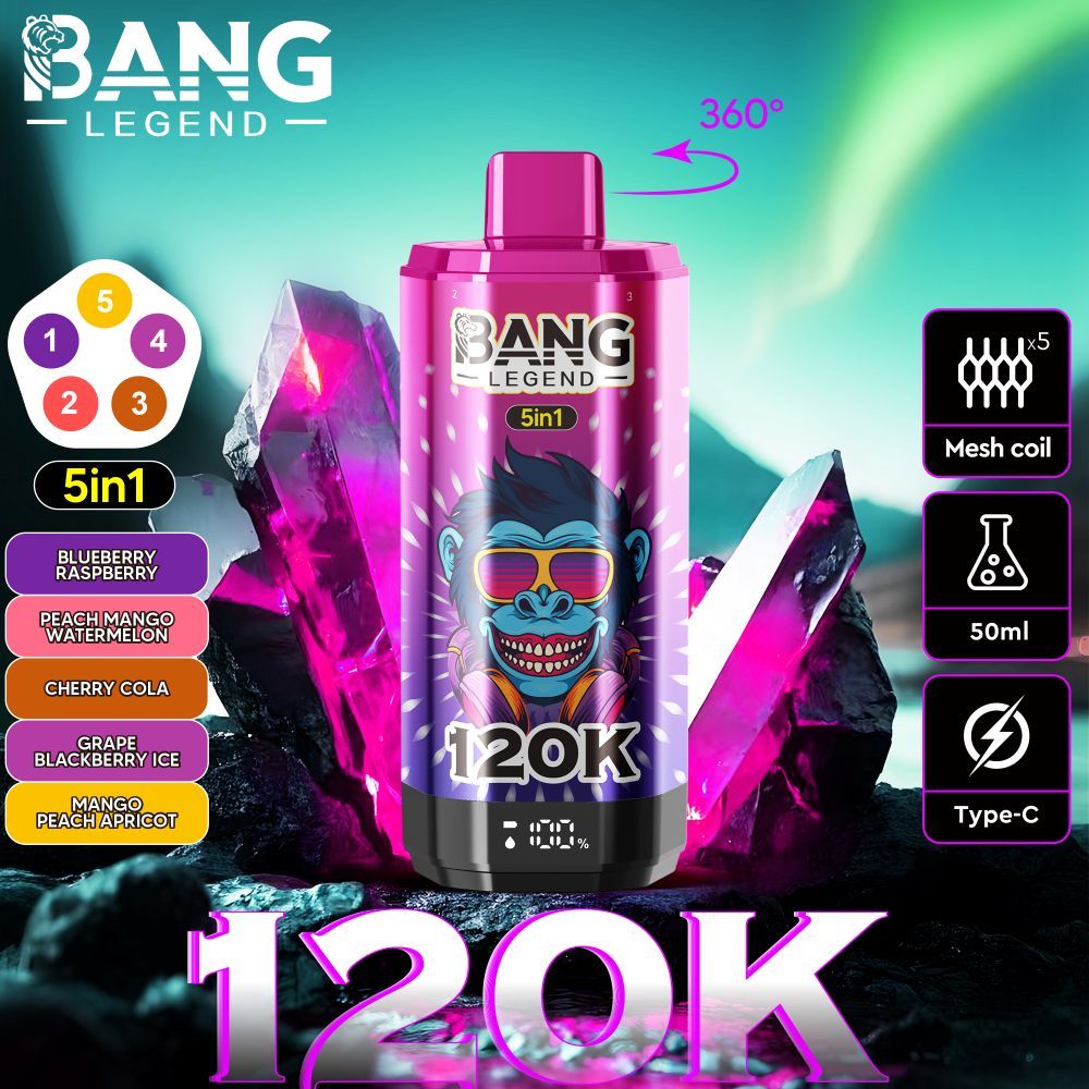Un gráfico promocional para el dispositivo de vapeo Bang Legend 5-in-1 con un diseño rosa y púrpura vibrante con un gorila azul ilustrado con gafas de sol, rodeadas de cristales morados brillantes y destacando características como rotación de 360 grados, tecnología de bobina de malla y carga tipo C.