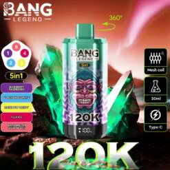 Imagen promocional para el dispositivo de vapeo 5-en-1 'Bang Legend', con un diseño verde y morado acentuado con cristales verdes brillantes y especificaciones de productos que se muestran a su alrededor, como la bobina de malla, la carga tipo C y la capacidad de 50 ml.