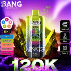 Imagen promocional de un producto Vape 5-in-1 'Bang' 'Bang' con su diseño, opciones de sabor y especificaciones técnicas, como la bobina de malla, la capacidad de 50 ml y la carga tipo C, con un fondo vibrante y colorido.
