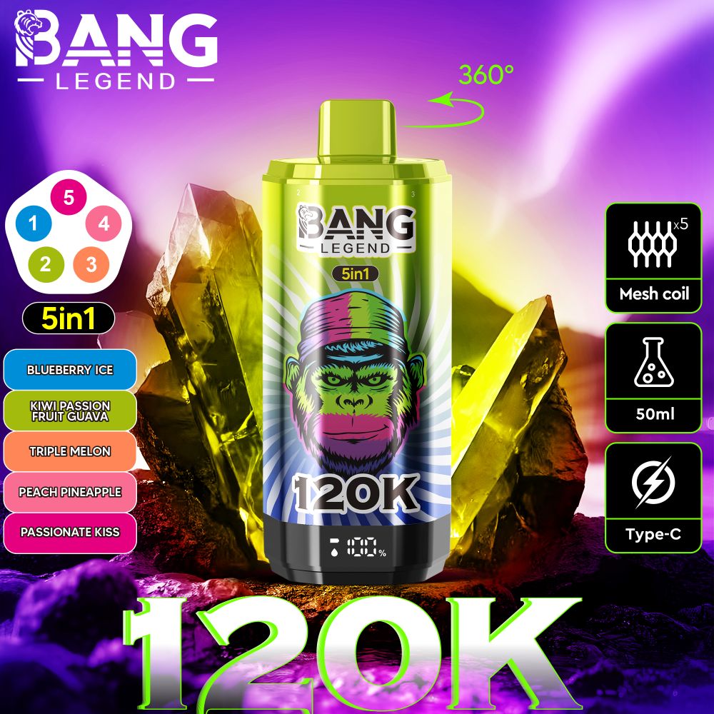 Imagen promocional de un producto Vape 5-in-1 'Bang' 'Bang' con su diseño, opciones de sabor y especificaciones técnicas, como la bobina de malla, la capacidad de 50 ml y la carga tipo C, con un fondo vibrante y colorido.