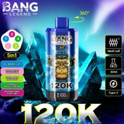 Gráfico promocional para el dispositivo Vape 5-in-1 de Bang Legend con múltiples opciones de sabor, una bobina de malla, capacidad de 50 ml y carga USB tipo C en un fondo con formaciones de cristal azul brillantes.