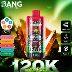 Imagen promocional para un vape 'Bang Legend 120k' que muestra sus sabores 5 en 1, diseño de bobina de malla, capacidad de 50 ml y compatibilidad de carga tipo C contra un fondo verde y dorado.