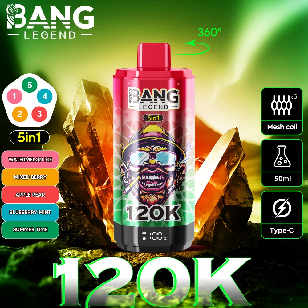 Imagen promocional para un vape 'Bang Legend 120k' que muestra sus sabores 5 en 1, diseño de bobina de malla, capacidad de 50 ml y compatibilidad de carga tipo C contra un fondo verde y dorado.
