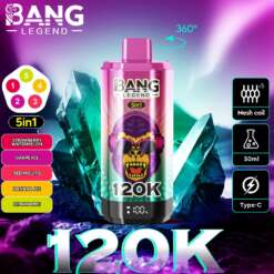 Gráfico promocional con un dispositivo de vapeo Bang Legend 5in1 de Bang Legend 5in1 con sabores representados y características del producto contra un fondo vibrante y cristalino.