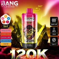 Imagen promocional del dispositivo Vape 'Bang Legend' 5-in-1 con un diseño vívido de un gorila ilustrado rodeado de colores vibrantes, resaltando opciones de sabor, como hielo de sandía y mango de fresa, junto con características de dispositivos como un mecanismo ajustable de 360 °, bobina de malla, capacidad de 50 ml y carga tipo-C.