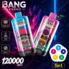 Imagen promocional con dos vaporos 'Bang Legend 120000 5in1 con coloridos diseños con temas de gorila, resaltar características como 120,000 bocanadas, bobina de malla, capacidad de 50 ml de e-líquido y carga USB tipo-C en un fondo de neón vibrante.