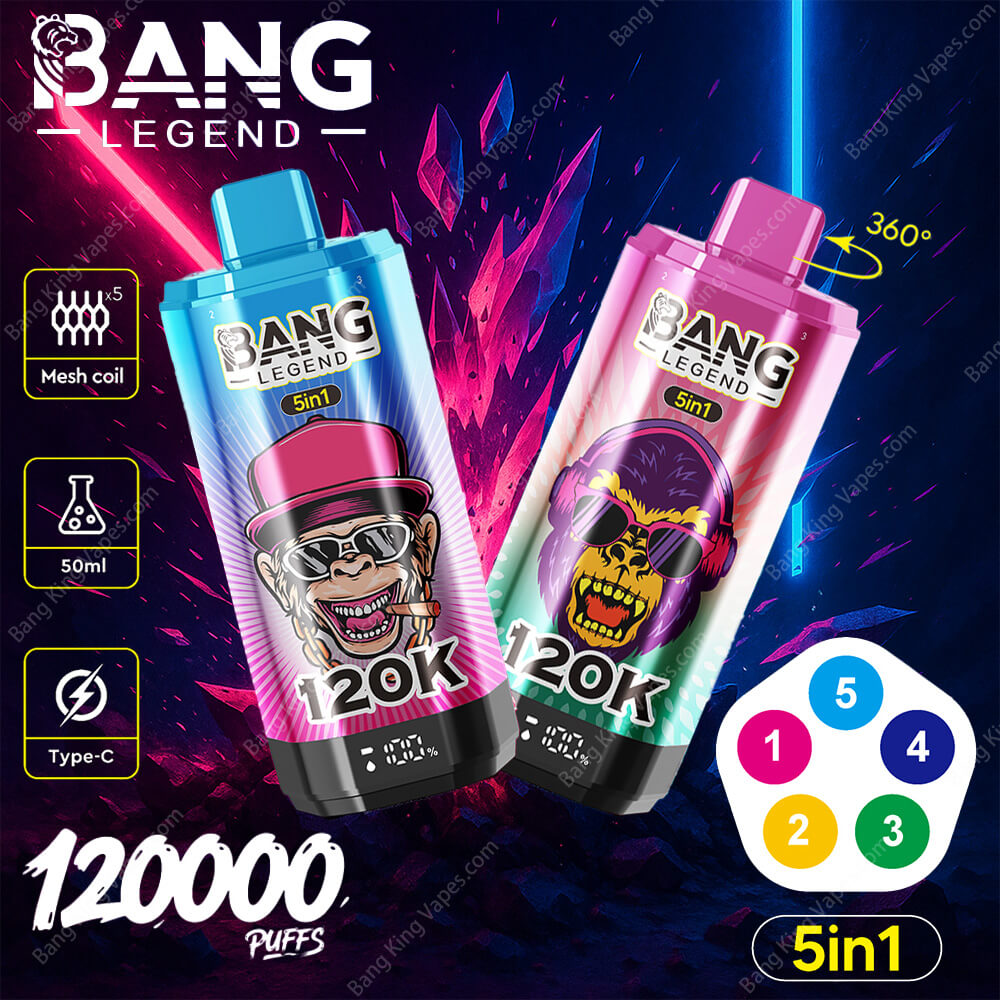 Imagen promocional con dos vaporos 'Bang Legend 120000 5in1 con coloridos diseños con temas de gorila, resaltar características como 120,000 bocanadas, bobina de malla, capacidad de 50 ml de e-líquido y carga USB tipo-C en un fondo de neón vibrante.